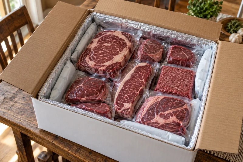 Insulated box of individually packaged beef cuts