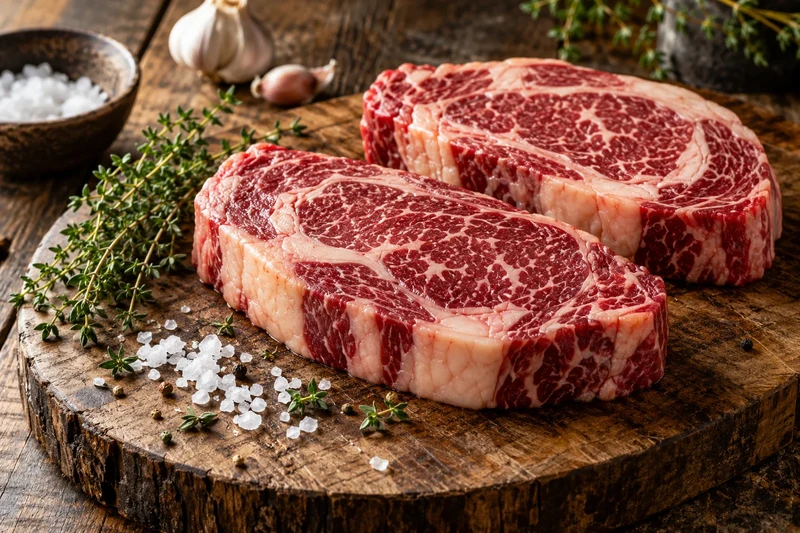Fresh marbled beef cuts arranged on a wooden board