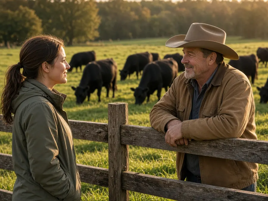 Woman talking with a rancher across a wooden fence with Angus cattle grazing behind