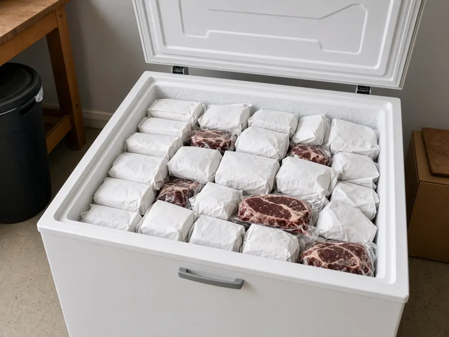 Open chest freezer packed with butcher-paper-wrapped beef and vacuum-sealed steaks