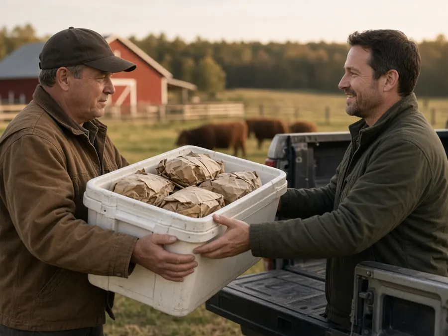 Rancher handing a cooler of wrapped beef to a customer at a pickup truck on a family farm