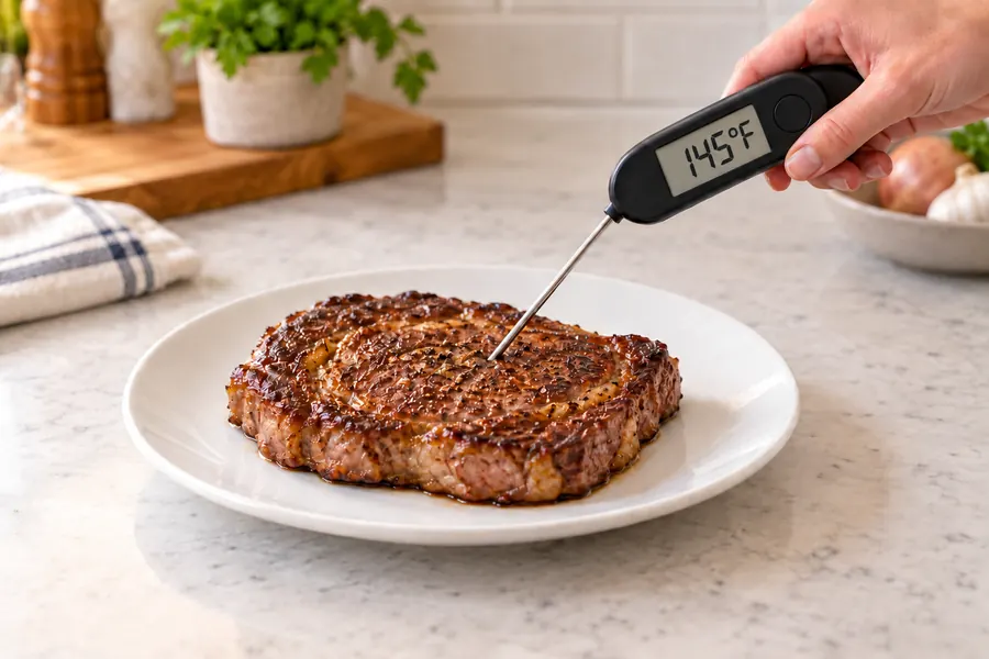 Digital food thermometer with visible display and probe checking a steak on a complete white plate