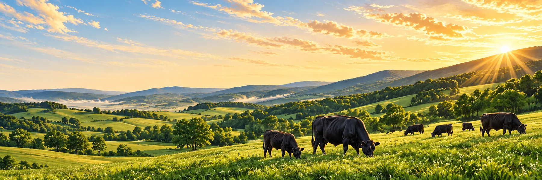 Grazing cattle, rolling green hills and warm golden sunlight
