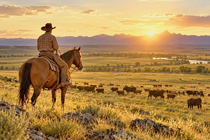 Rancher riding across open American pasture at sunset