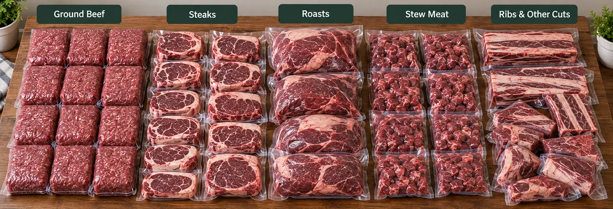A quarter beef laid out on a wooden table by cut type: ground beef, steaks, roasts, stew meat, and ribs and other cuts, all vacuum-sealed